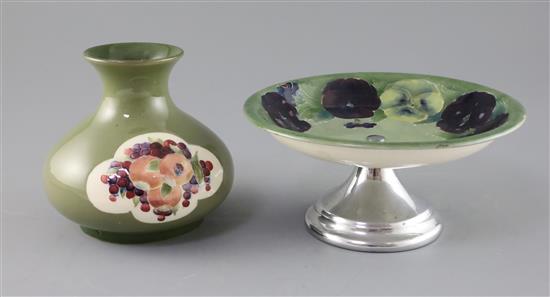 A Moorcroft sage green ground pomegranate vase and a similar pansy dish, c.1918, 12.5cm and 19cm
